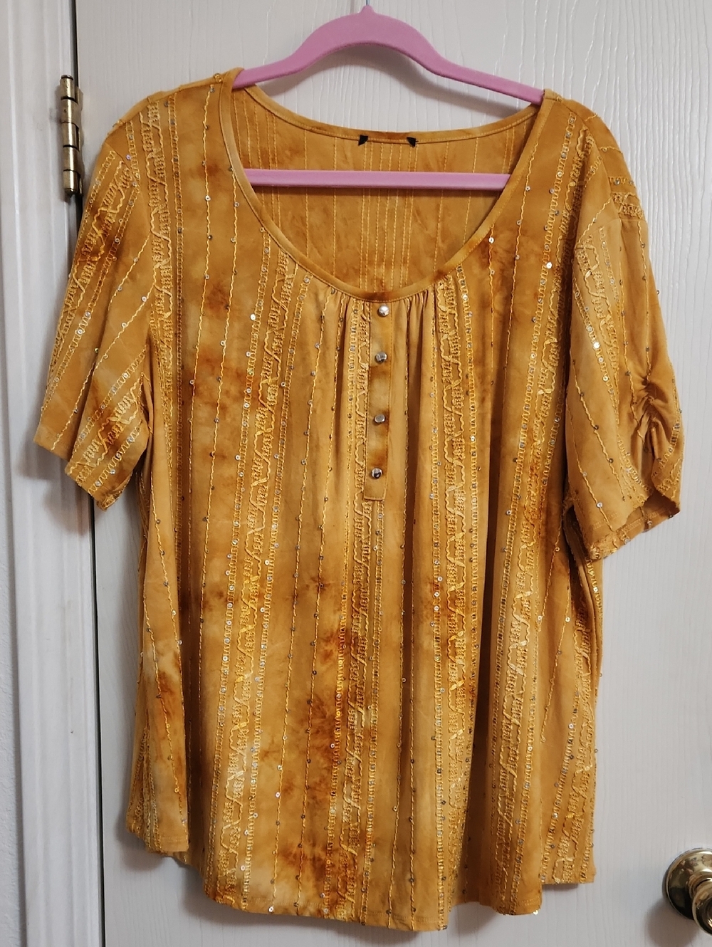 Women's Mustard Gold Embellished Short Sleeve Top